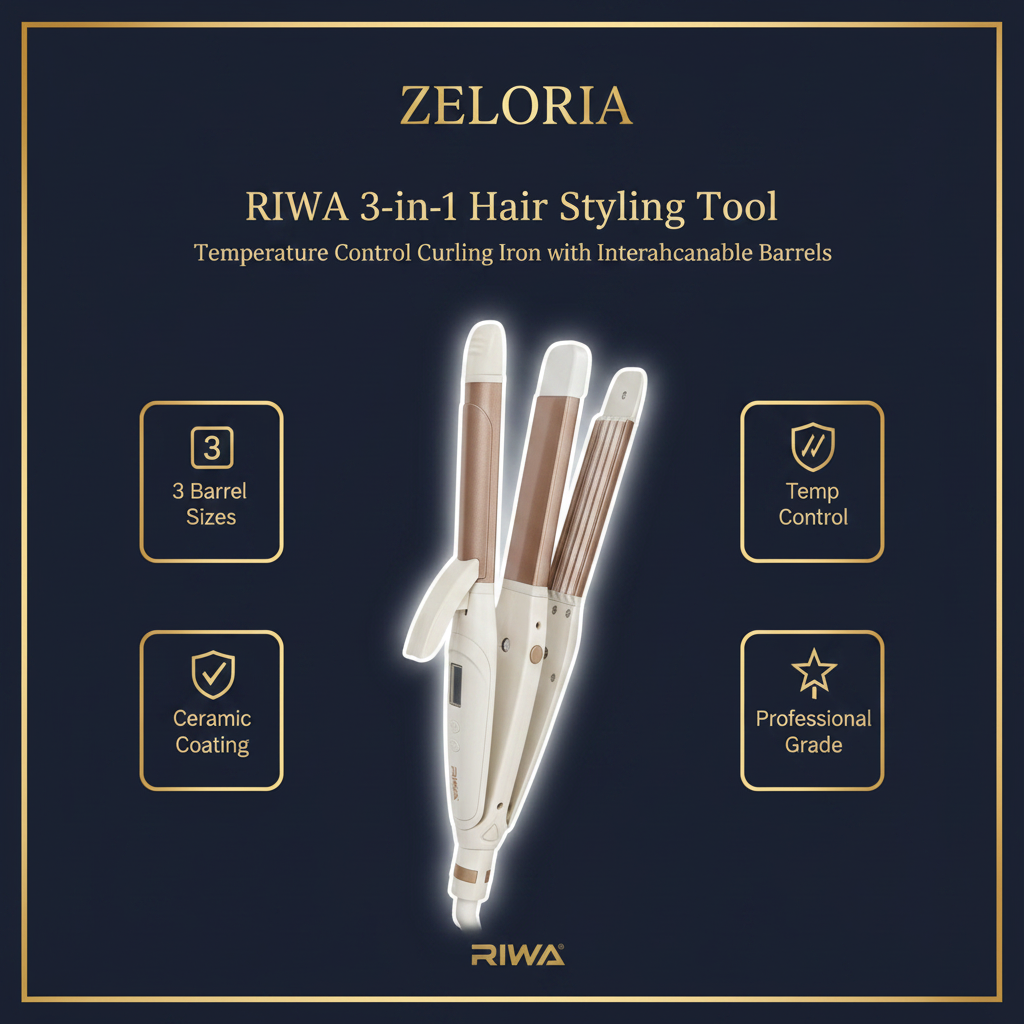 RIWA 3-in-1 Hair Styling Tool – Temperature Control Curling Iron with Interchangeable Barrels